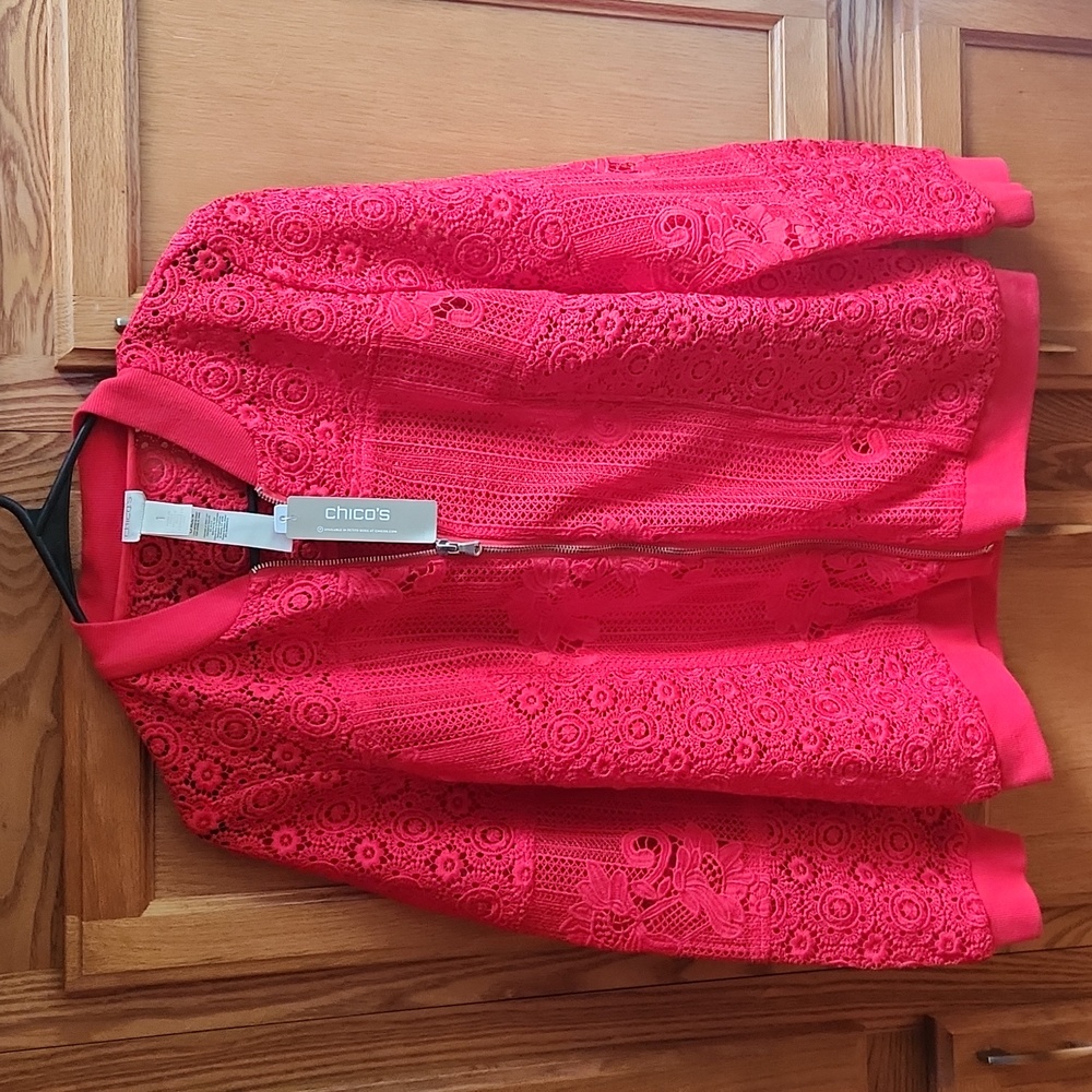 Chico's Red Lace Bomber Jacket NWT